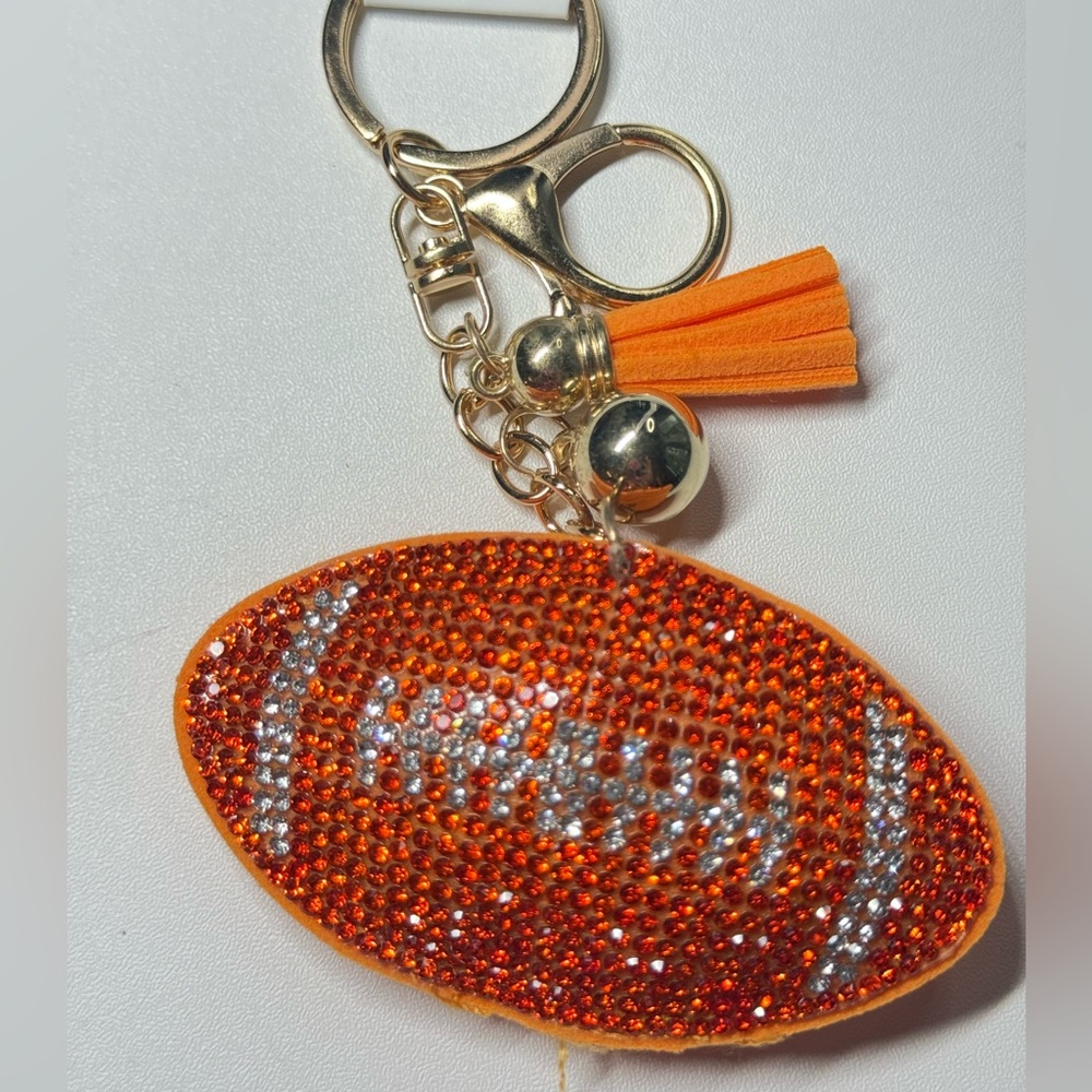 NWT Orange and Silver Beaded Rhinestone Football Bag Charm Keychain